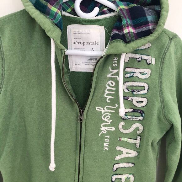 Y2K Aeropostale hoodie green women S spell out hood zip patches retro skater - Picture 2 of 9